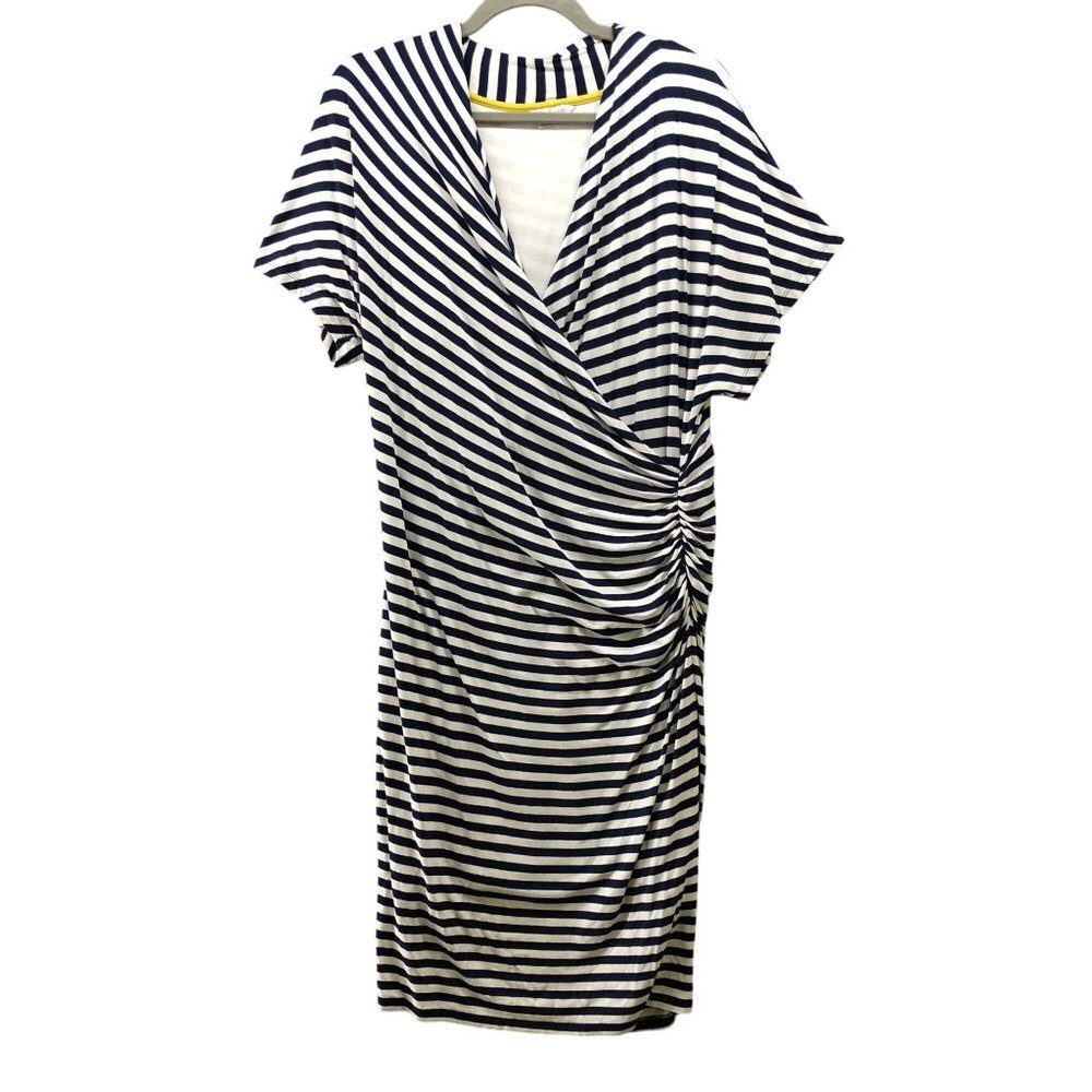 Boden Ruched Detail Dress Womens 12 Navy Blue White Striped Short Sleeve V-Neck